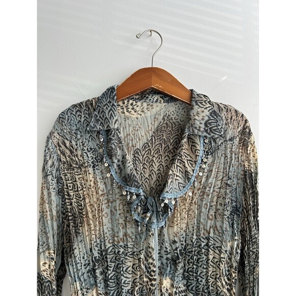 Vintage Y2K Pleated Fairy Button Up Sz M/L Bell Sleeve Cheetah Whimsy Sequins - Picture 7 of 10